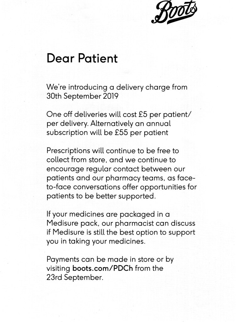 Boots Pharmacy To Make Delivery Charges 